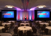 Ballroom setup for corporate sales conference at San Diego hotel.