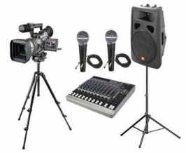 Sound system components for webcasting and video, including speaker, camera and tripod, microphones and sound board.