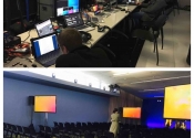 Webcast production with technician and displays